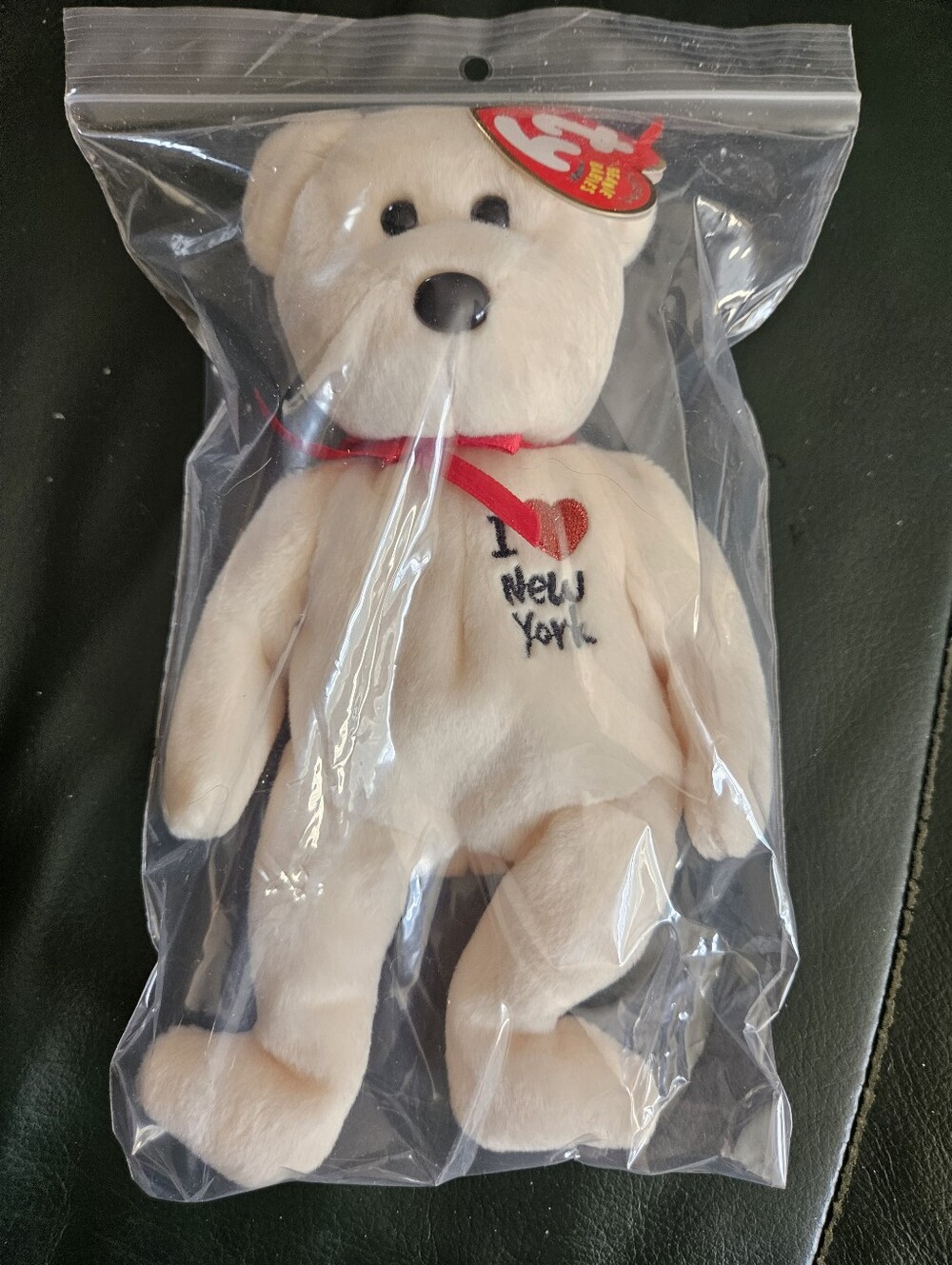 Ty Cream Plush Beany Baby Bear with Red Ribbon and Embroidered "I Love New York"